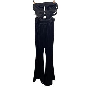 RTA Velvet Ribbed Strapless Jumpsuit Cut Out Flare Leg Witchy Goth Black Size S